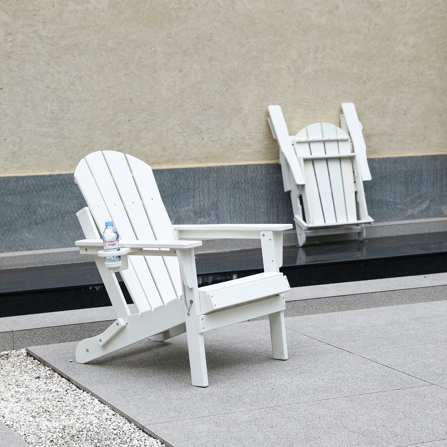 HDPE Folding Adirondack Chair with Dual Cup Holder - Composite Adirondack Chair with Wood Texture- White