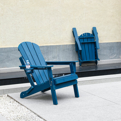 HDPE Folding Adirondack Chair with Dual Cup Holder - Composite Adirondack Chair with Wood Texture- ,Navy Blue
