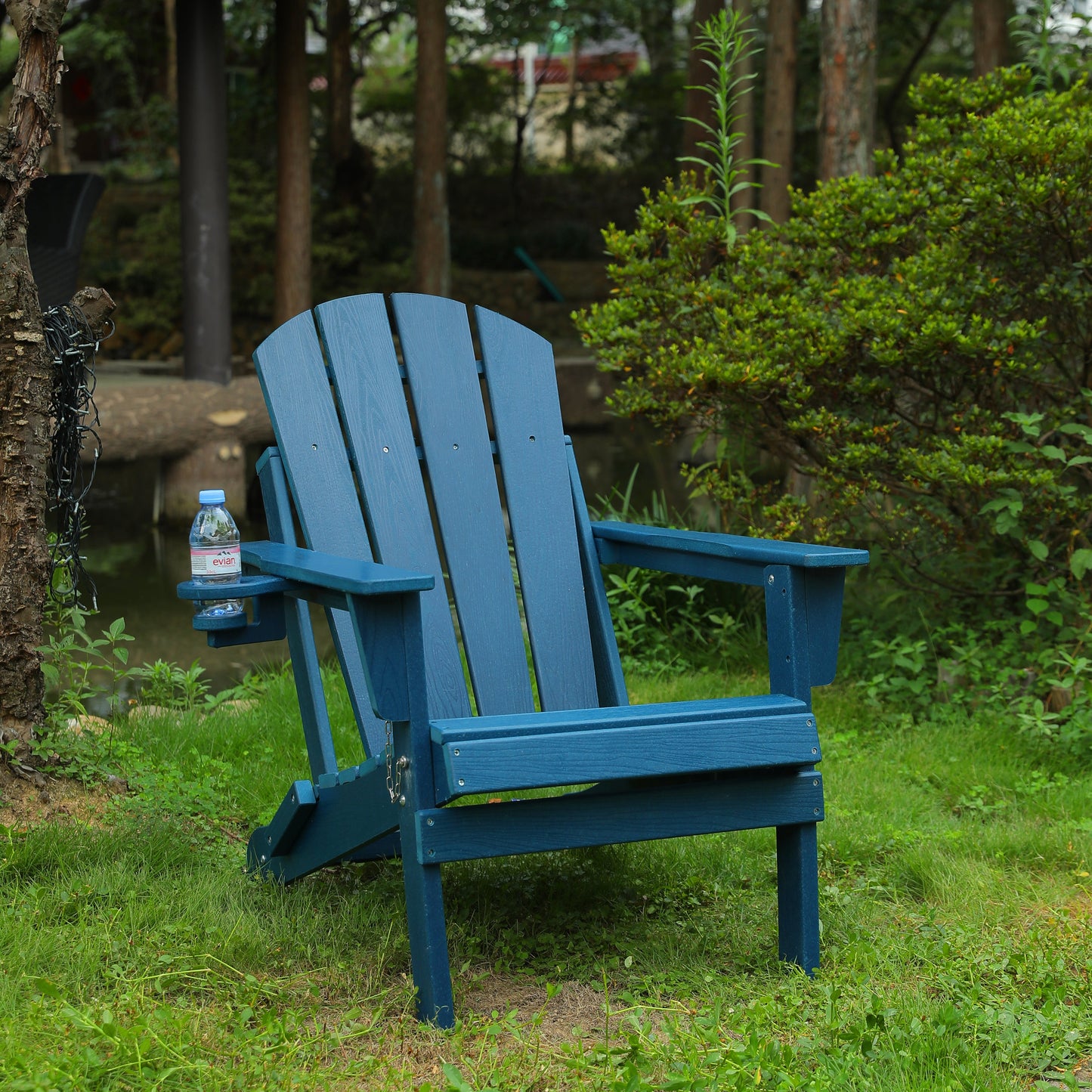 HDPE Folding Adirondack Chair with Dual Cup Holder - Composite Adirondack Chair with Wood Texture- ,Navy Blue
