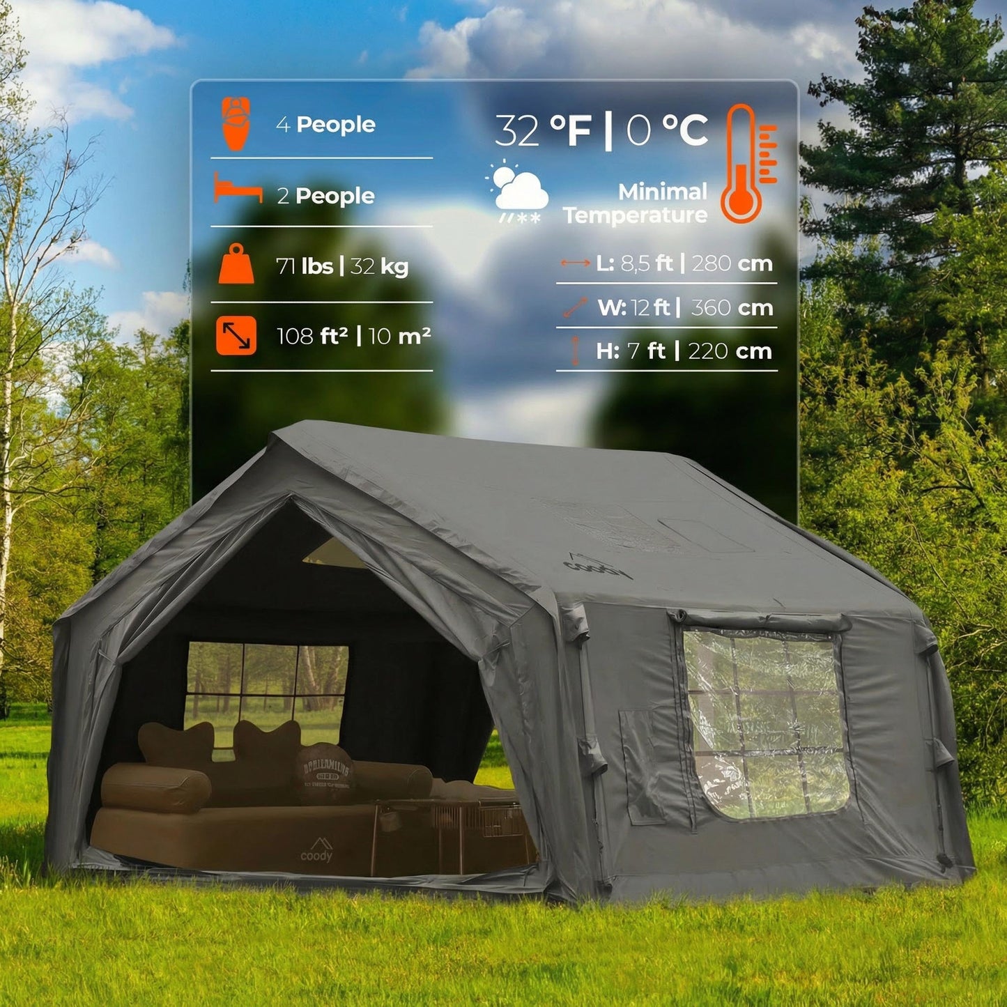 Coody 10.0 Gray Inflatable Tent House for Camping (2-4 Person)