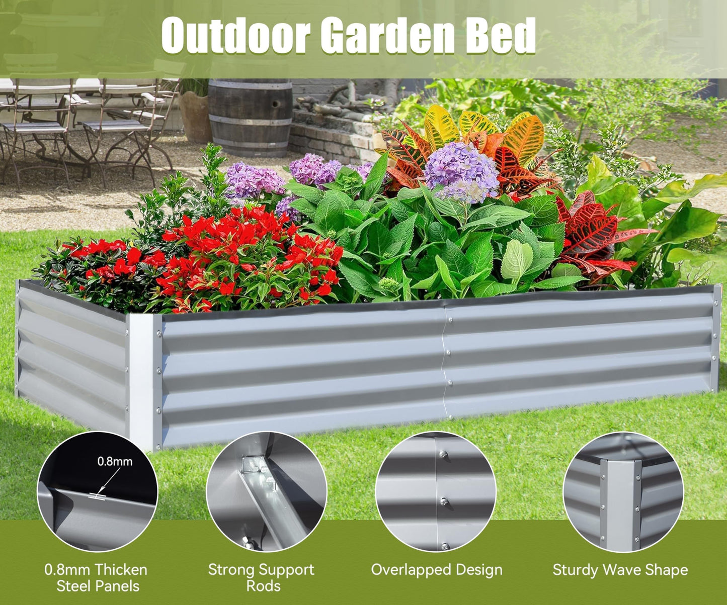 PolyTEAK Silver Galvanized Raised Garden Bed - Outdoor Planter Box for Vegetables, Fruits & Flowers