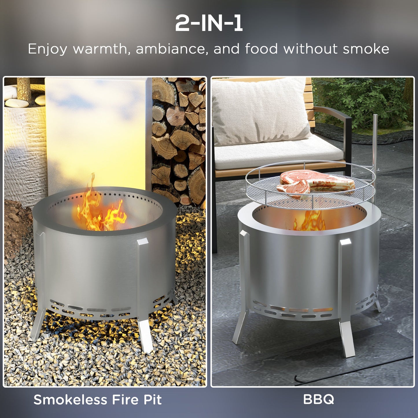 PolyTEAK 2-in-1 Portable Smokeless Fire Pit with Grill for Backyard Patio Picnic, Camping, Bonfire