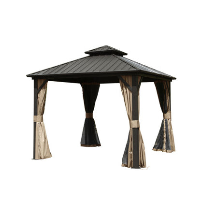 PolyTEAK All-Season 8x8ft Hardtop Gazebo: Aluminum Frame, Double Roof, Curtains, & Netting for Protection from Sun, Rain, & Snow