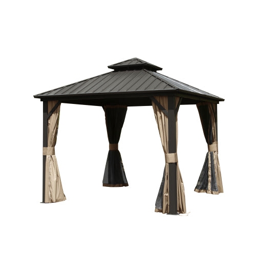 PolyTEAK All-Season 8x8ft Hardtop Gazebo: Aluminum Frame, Double Roof, Curtains, & Netting for Protection from Sun, Rain, & Snow
