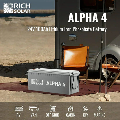 Rich Solar ALPHA 4 | 24V 100Ah LiFePO4 Battery | Powerful 12V Lithium Battery for RVs, Trailers, Vans, Boats, Off-Grid | 5,000 Lifetime Cycles | Bluetooth and Internal Heat Technology