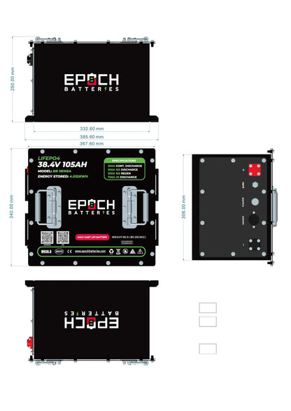 Epoch Batteries 36V 105Ah - LiMax Series - Lithium (LiFePO4) Golf Cart Battery - Complete Kit