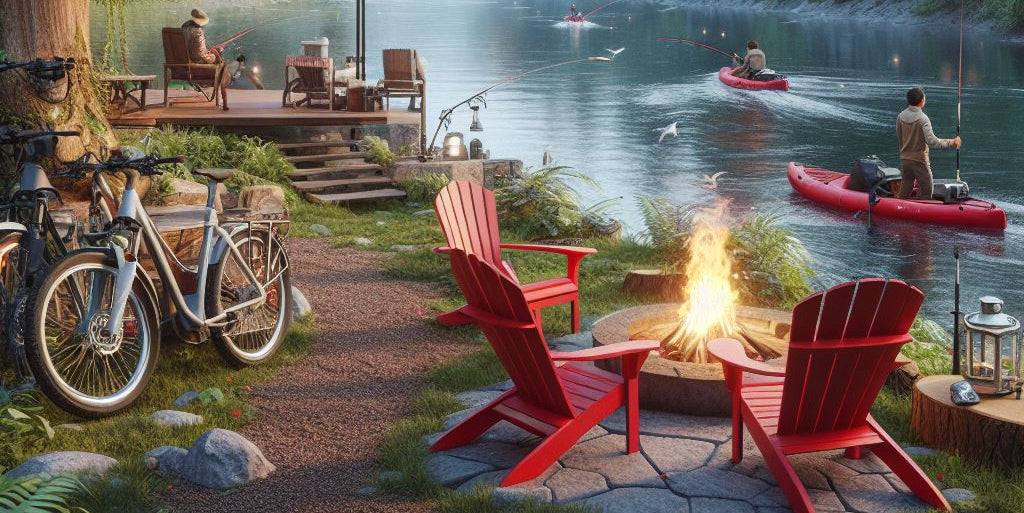 camping scene with red chairs around a campfire, kayaks in the water and ebikes parked along side the river