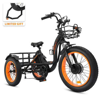 Ecotric 48V 24"x4.0 Front 20"x4.0 Rear Tires Class 2 Tricycle Electric Bike Matt Black