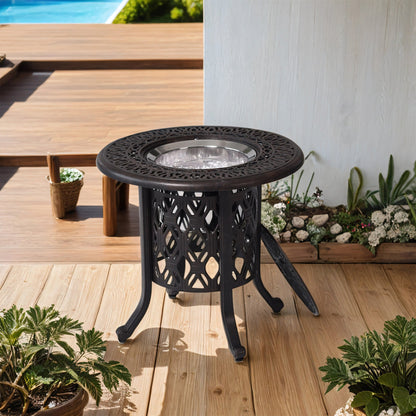 PolyTEAK 21" Cast Aluminum Ice Bucket Table with Hand-Brushed Bronze Patina Look Top and Removable Cover, Food-Grade 304 Stainless Steel Bucket