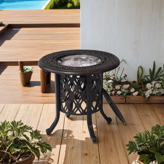 PolyTEAK 21" Cast Aluminum Ice Bucket Table with Hand-Brushed Bronze Patina Look Top and Removable Cover, Food-Grade 304 Stainless Steel Bucket