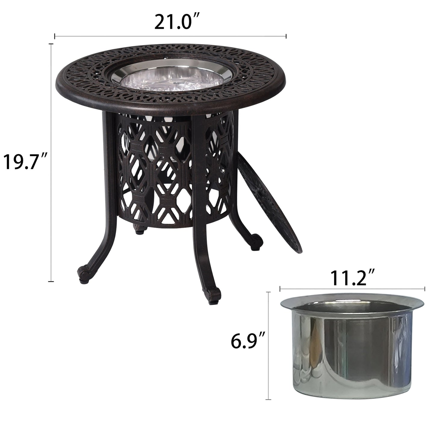 PolyTEAK 21" Cast Aluminum Ice Bucket Table with Hand-Brushed Bronze Patina Look Top and Removable Cover, Food-Grade 304 Stainless Steel Bucket