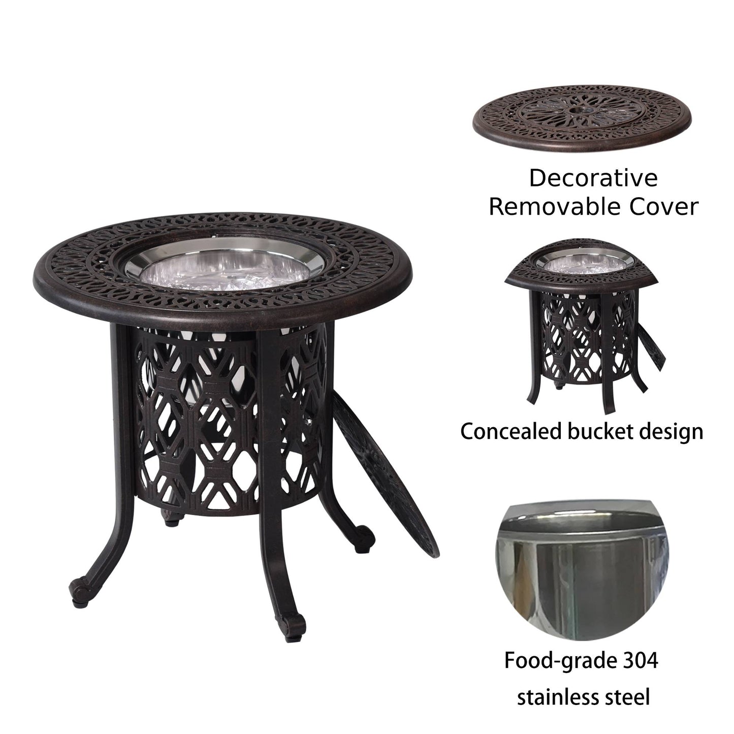 PolyTEAK 21" Cast Aluminum Ice Bucket Table with Hand-Brushed Bronze Patina Look Top and Removable Cover, Food-Grade 304 Stainless Steel Bucket
