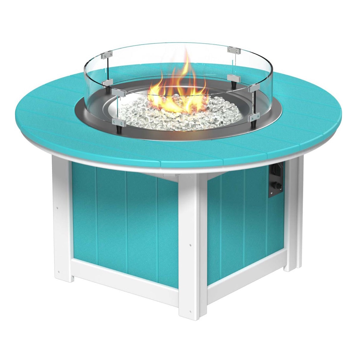 LuxCraft Aruba Blue and White Lumin Fire Pit 46-inch Round surrounded by comfortable outdoor seating, perfect for backyard gatherings and warm, ambient nights.