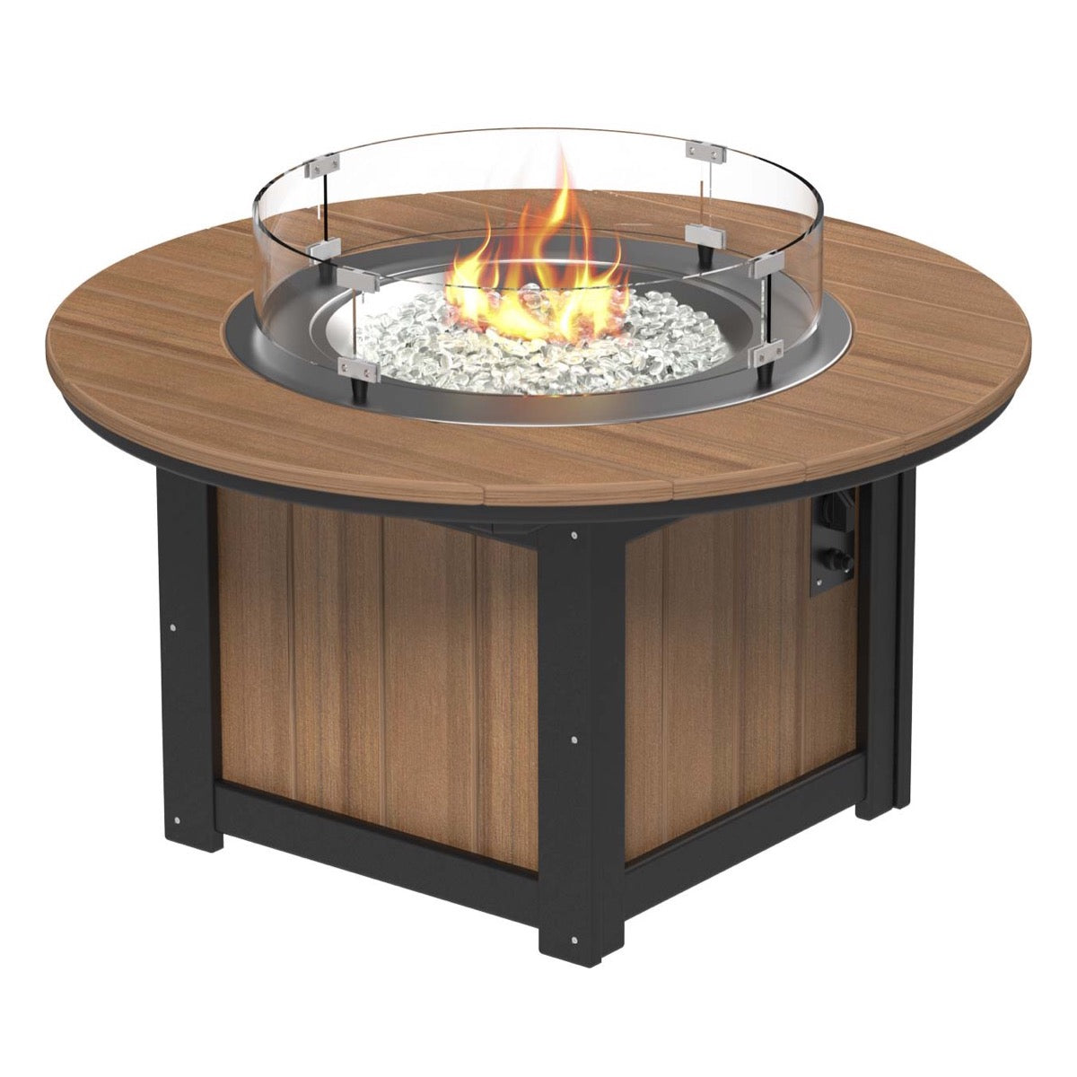 LuxCraft Mahogany and Black Lumin Fire Pit 46-inch Round surrounded by comfortable outdoor seating, perfect for backyard gatherings and warm, ambient nights.