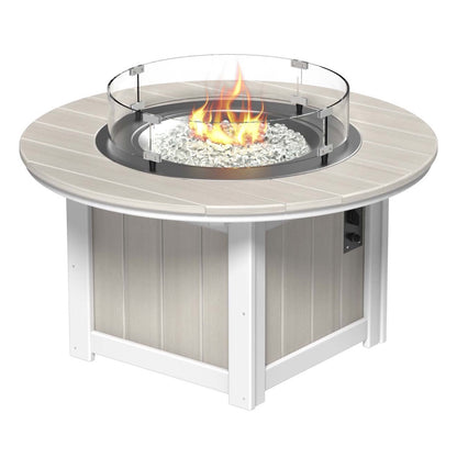 LuxCraft Birch and White Lumin Fire Pit 46-inch Round surrounded by comfortable outdoor seating, perfect for backyard gatherings and warm, ambient nights.