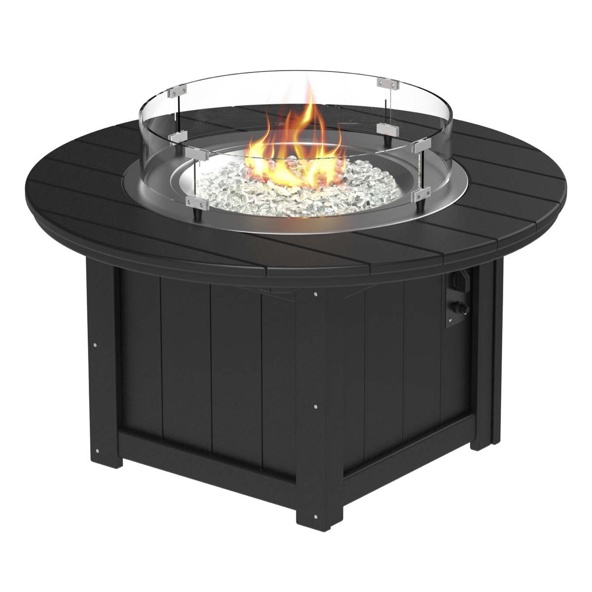 LuxCraft Black Lumin Fire Pit 46-inch Round surrounded by comfortable outdoor seating, perfect for backyard gatherings and warm, ambient nights.