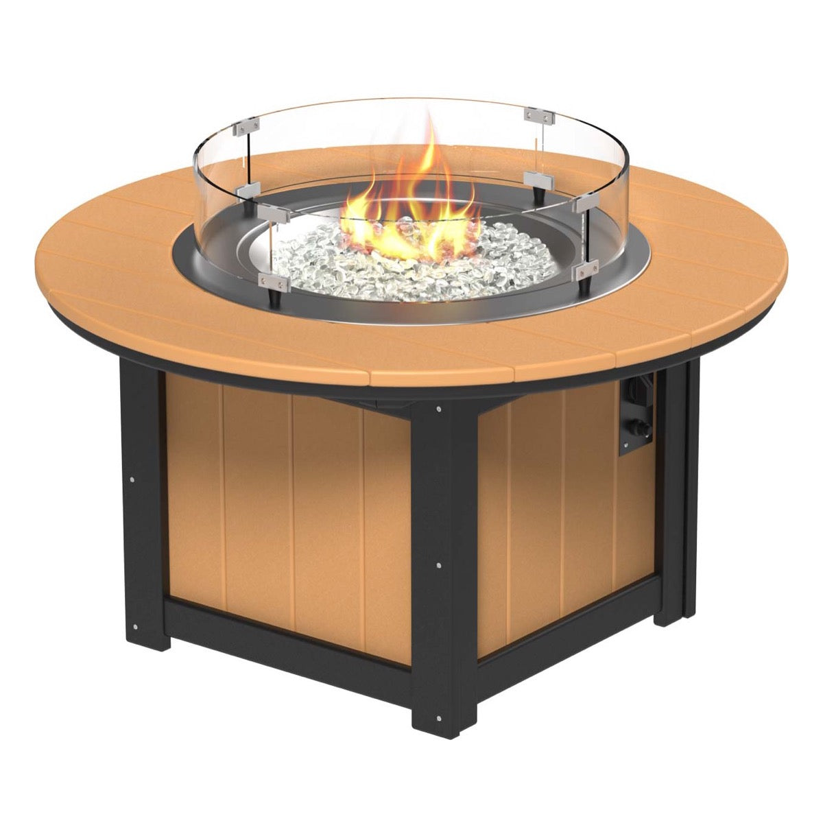 LuxCraft Cedar and Black Lumin Fire Pit 46-inch Round surrounded by comfortable outdoor seating, perfect for backyard gatherings and warm, ambient nights.