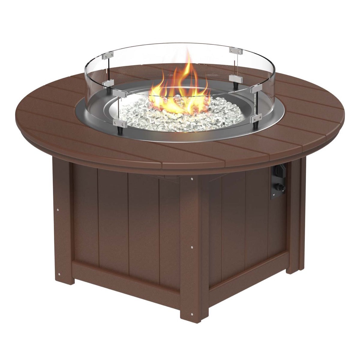 LuxCraft Chestnut Brown Lumin Fire Pit 46-inch Round surrounded by comfortable outdoor seating, perfect for backyard gatherings and warm, ambient nights.