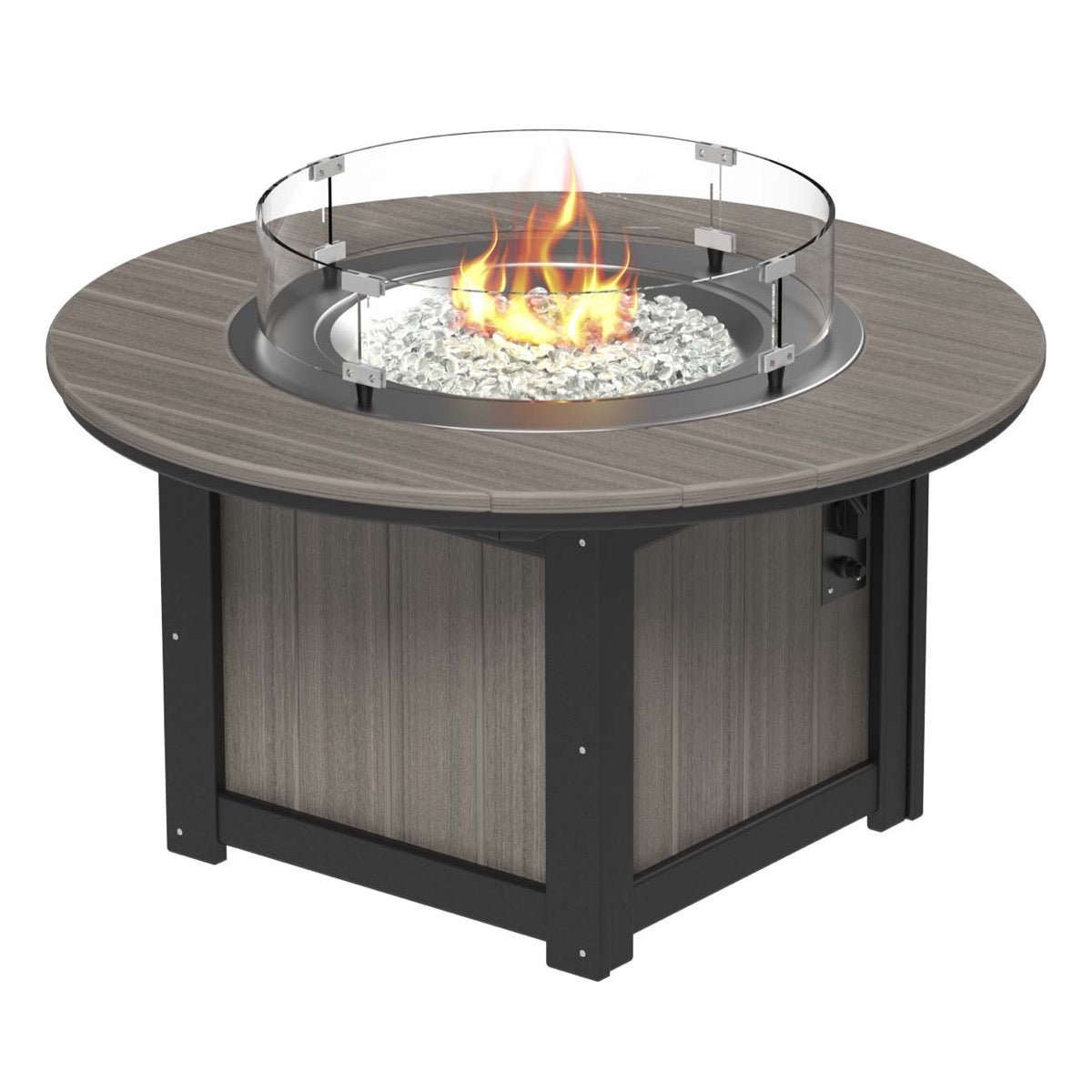 LuxCraft Coastal Gray and Black Lumin Fire Pit 46-inch Round surrounded by comfortable outdoor seating, perfect for backyard gatherings and warm, ambient nights.