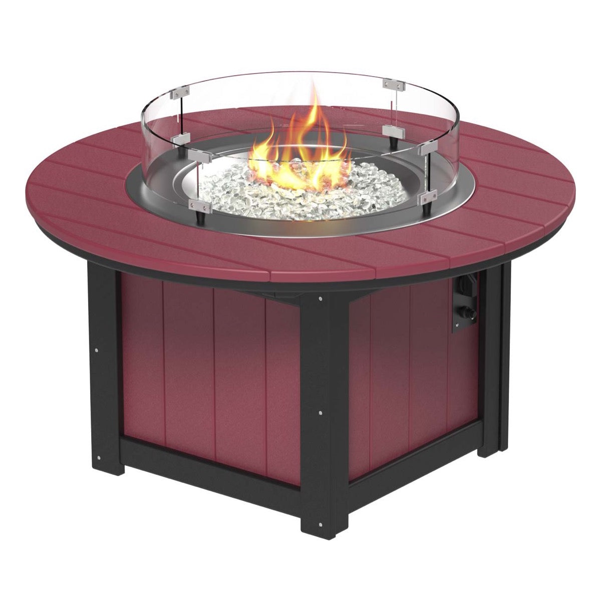 LuxCraft Cherrywood and Black Lumin Fire Pit 46-inch Round surrounded by comfortable outdoor seating, perfect for backyard gatherings and warm, ambient nights.