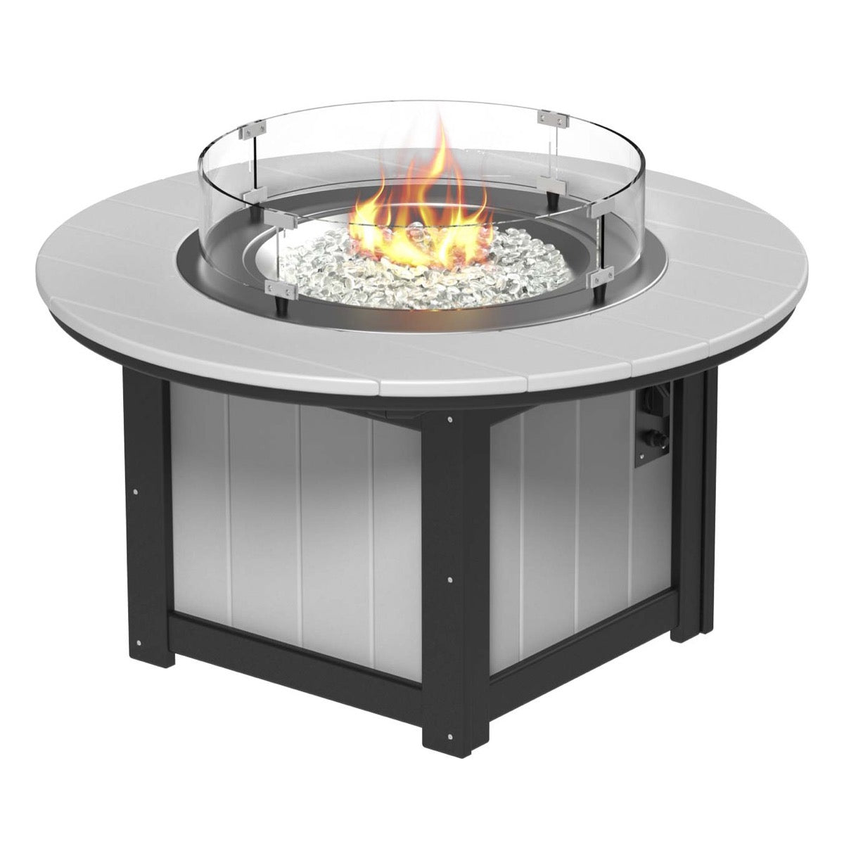 LuxCraft Dove Gray and Black Lumin Fire Pit 46-inch Round surrounded by comfortable outdoor seating, perfect for backyard gatherings and warm, ambient nights.