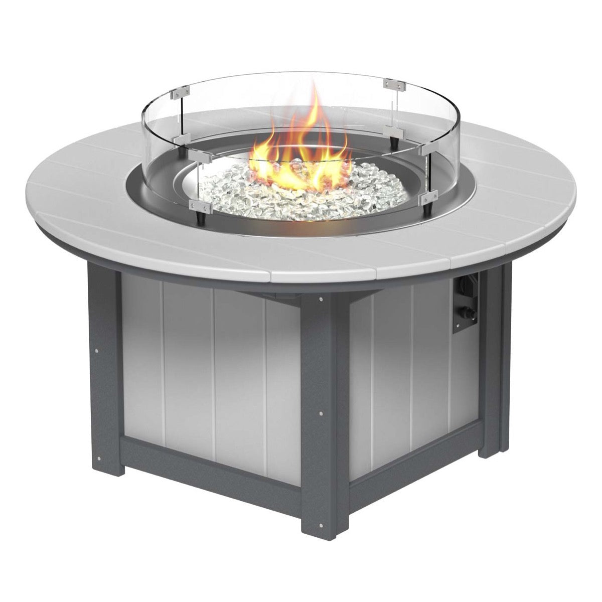 LuxCraft Dove Gray and Slate Lumin Fire Pit 46-inch Round surrounded by comfortable outdoor seating, perfect for backyard gatherings and warm, ambient nights.