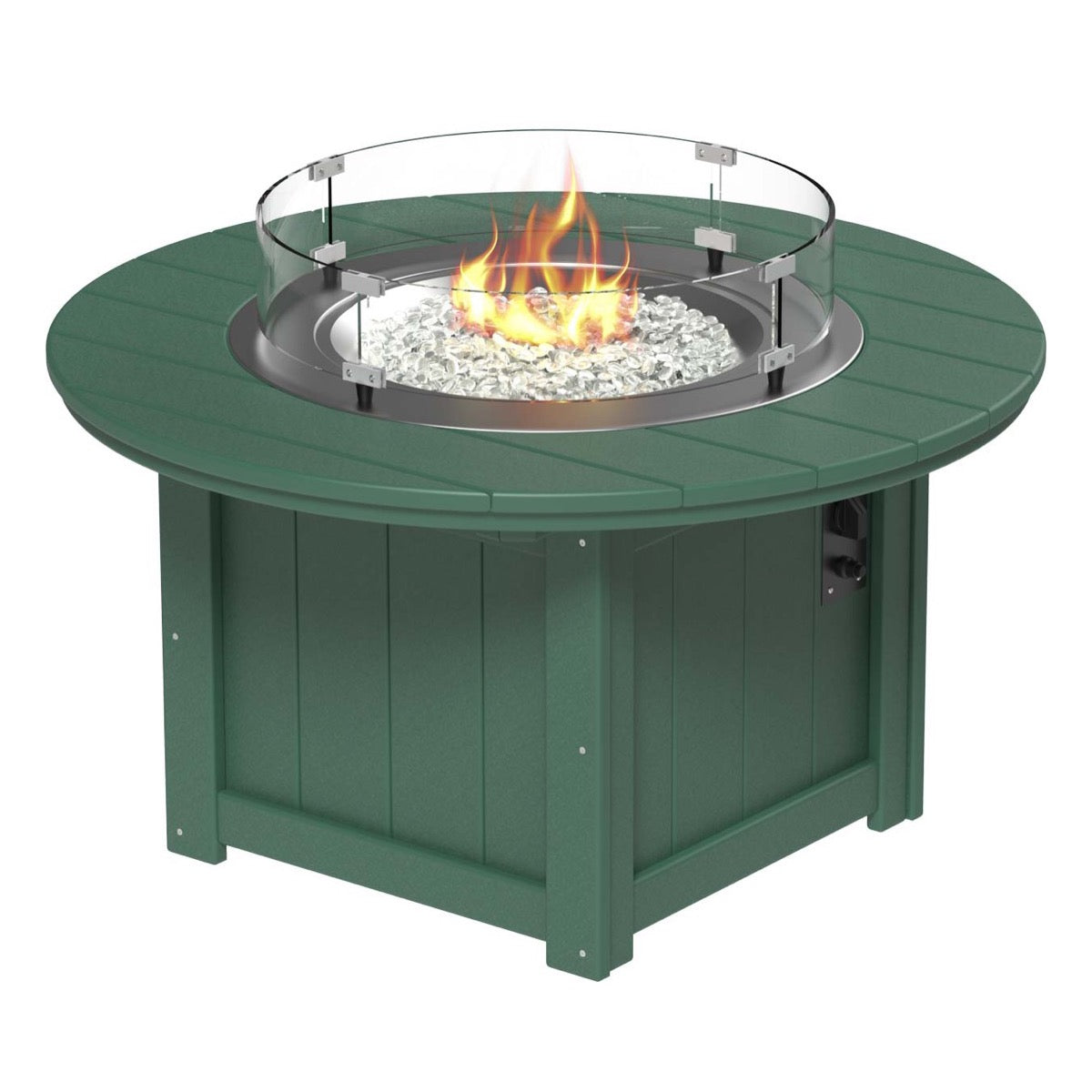 LuxCraft Green Lumin Fire Pit 46-inch Round surrounded by comfortable outdoor seating, perfect for backyard gatherings and warm, ambient nights.