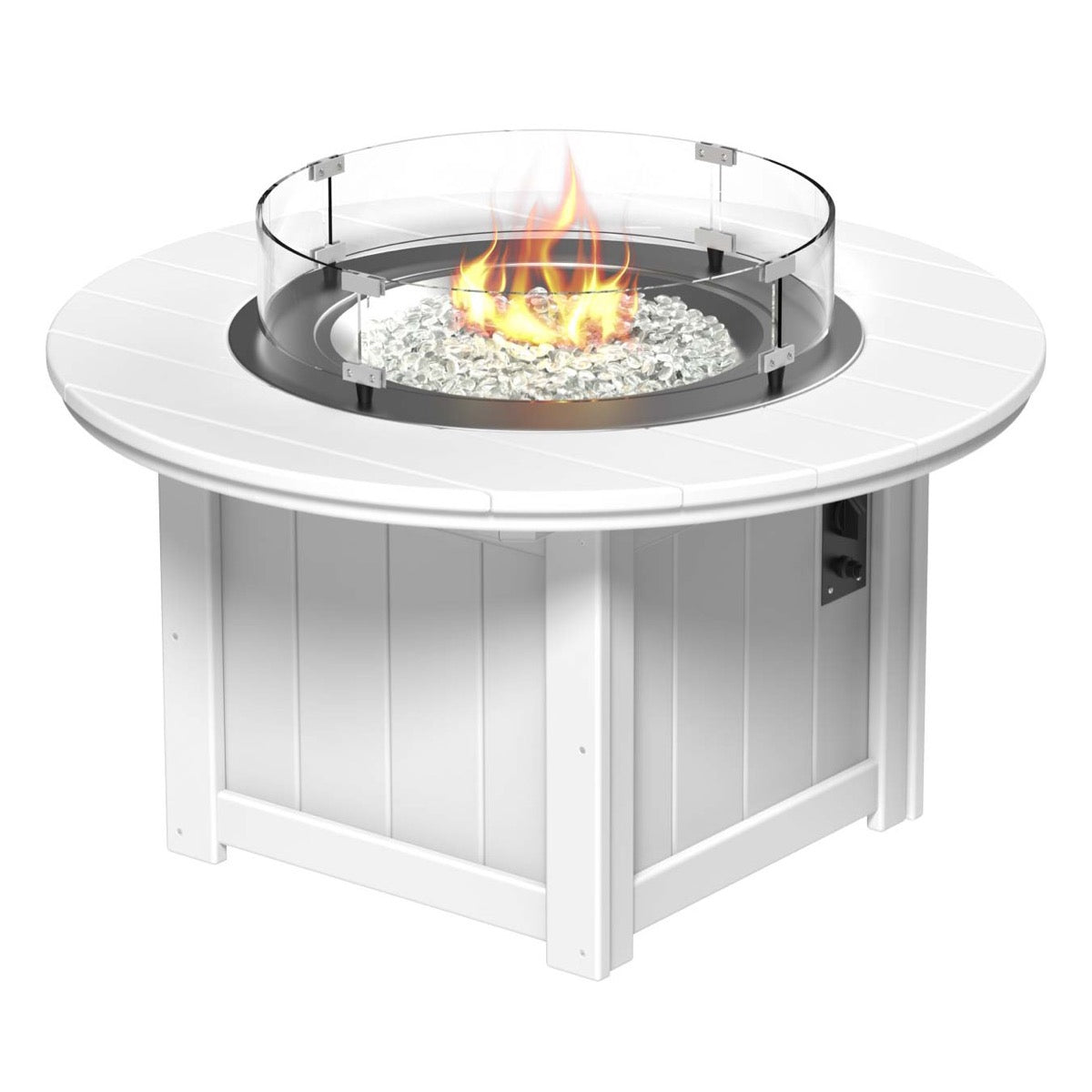 LuxCraft White Lumin Fire Pit 46-inch Round surrounded by comfortable outdoor seating, perfect for backyard gatherings and warm, ambient nights.