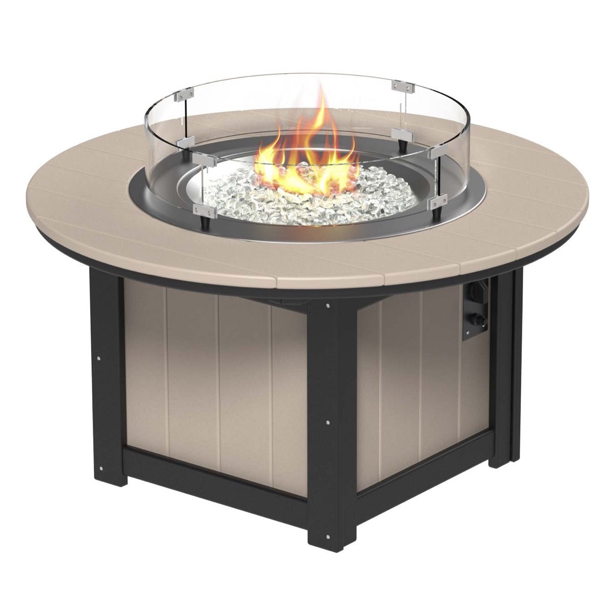 LuxCraft Weatherwood and Black Lumin Fire Pit 46-inch Round surrounded by comfortable outdoor seating, perfect for backyard gatherings and warm, ambient nights.