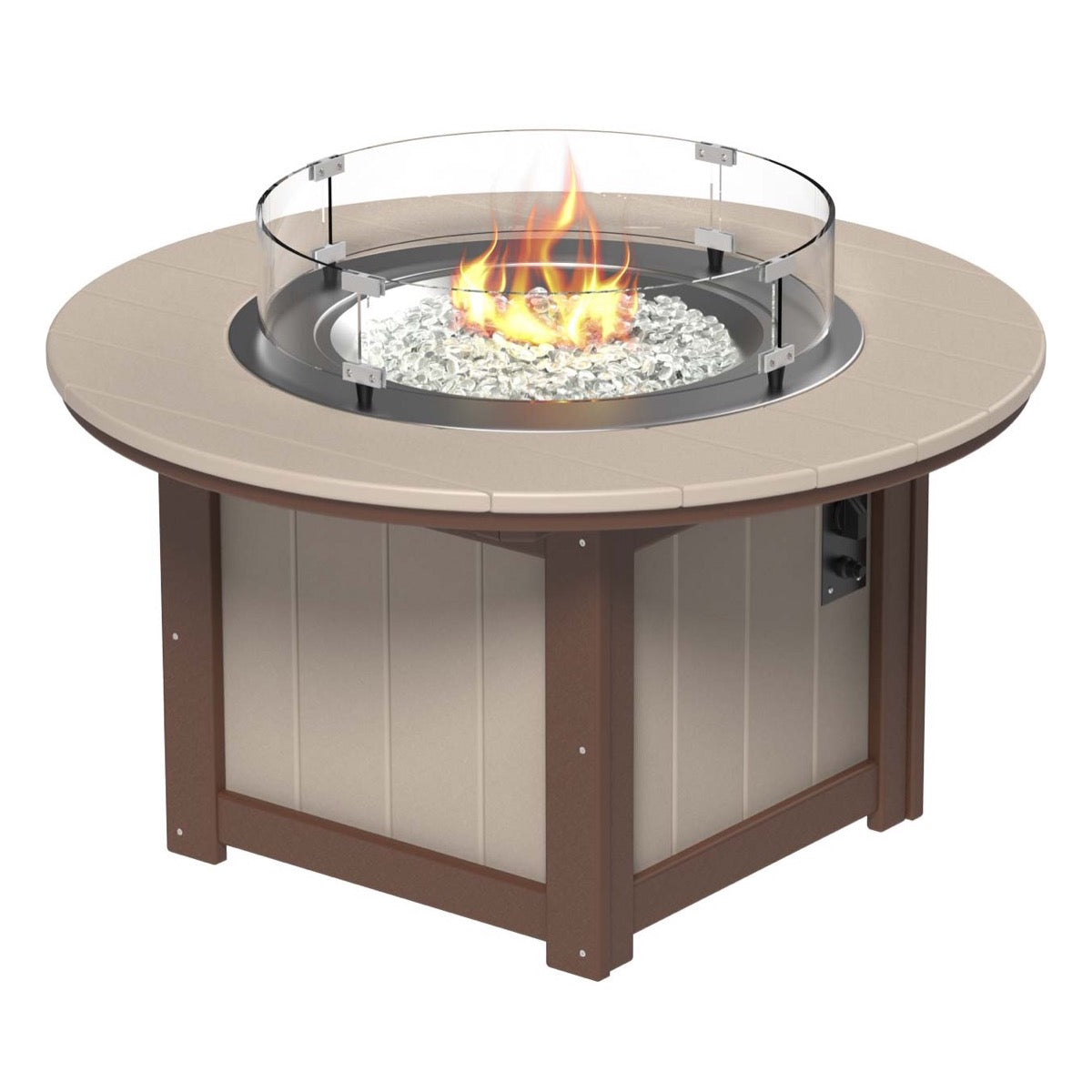 LuxCraft Weatherwood and Chestnut BrownLumin Fire Pit 46-inch Round surrounded by comfortable outdoor seating, perfect for backyard gatherings and warm, ambient nights.