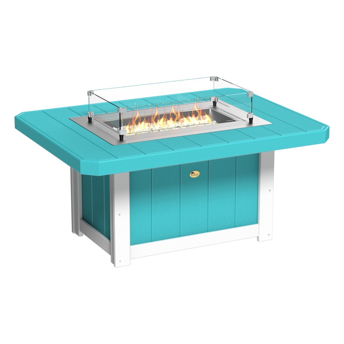 Elegant Aruba Blue and White LuxCraft Lumin Fire Pit 51" Rectangular on a cozy patio, showcasing its sleek design and inviting flames, perfect for outdoor gatherings and warm nights.