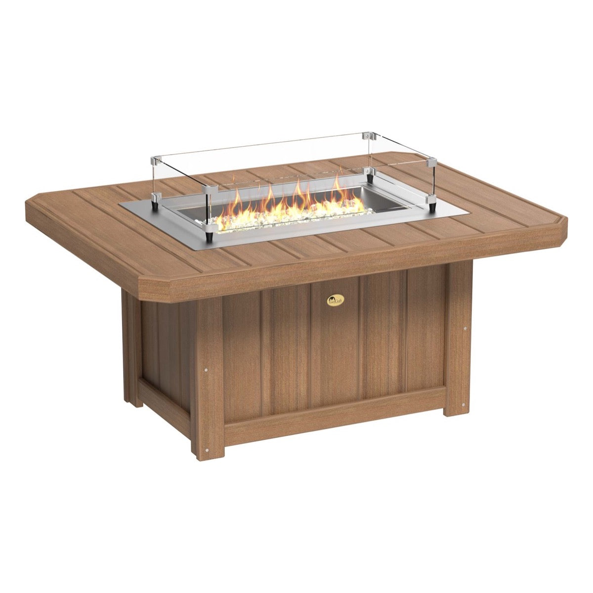 Elegant  Antique Mahogany LuxCraft Lumin Fire Pit 51" Rectangular on a cozy patio, showcasing its sleek design and inviting flames, perfect for outdoor gatherings and warm nights.