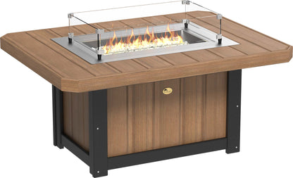 Elegant Antique Mahogany and Black LuxCraft Lumin Fire Pit 51" Rectangular on a cozy patio, showcasing its sleek design and inviting flames, perfect for outdoor gatherings and warm nights.