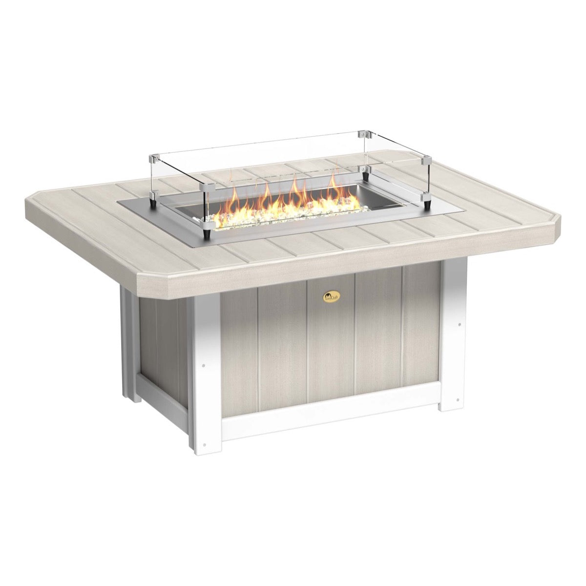 Elegant Birch and White LuxCraft Lumin Fire Pit 51" Rectangular on a cozy patio, showcasing its sleek design and inviting flames, perfect for outdoor gatherings and warm nights.