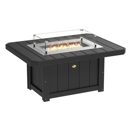 Elegant Black LuxCraft Lumin Fire Pit 51" Rectangular on a cozy patio, showcasing its sleek design and inviting flames, perfect for outdoor gatherings and warm nights.