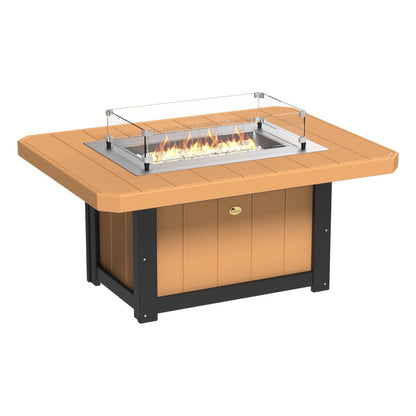 Elegant Cedar and Black LuxCraft Lumin Fire Pit 51" Rectangular on a cozy patio, showcasing its sleek design and inviting flames, perfect for outdoor gatherings and warm nights.