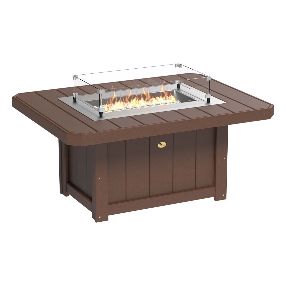 Elegant Chestnut Brown LuxCraft Lumin Fire Pit 51" Rectangular on a cozy patio, showcasing its sleek design and inviting flames, perfect for outdoor gatherings and warm nights.