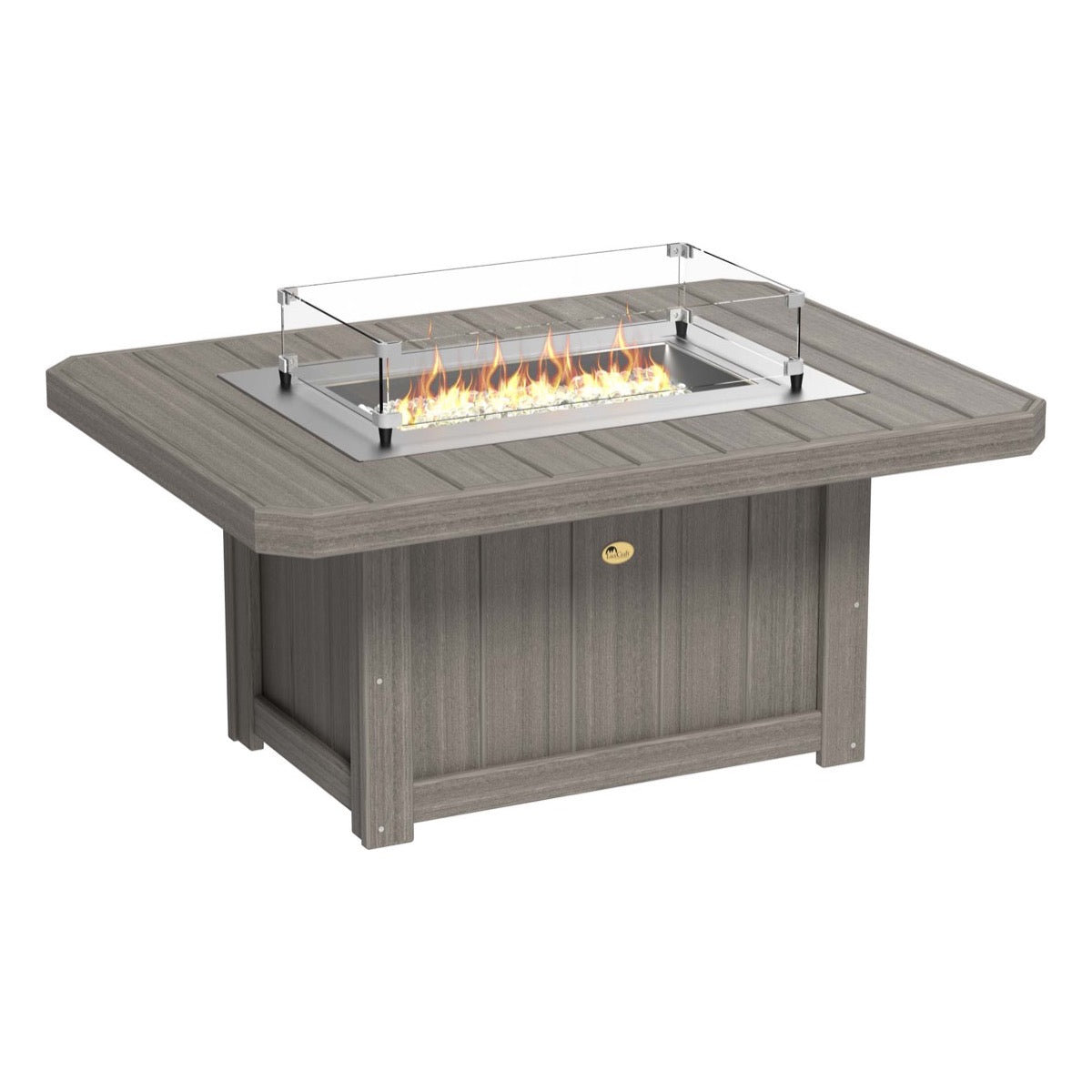 Elegant Coastal Gray LuxCraft Lumin Fire Pit 51" Rectangular on a cozy patio, showcasing its sleek design and inviting flames, perfect for outdoor gatherings and warm nights.