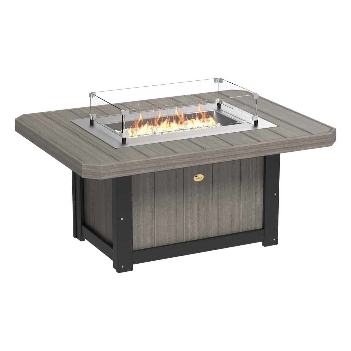 Elegant Coastal Gray and Black LuxCraft Lumin Fire Pit 51" Rectangular on a cozy patio, showcasing its sleek design and inviting flames, perfect for outdoor gatherings and warm nights.