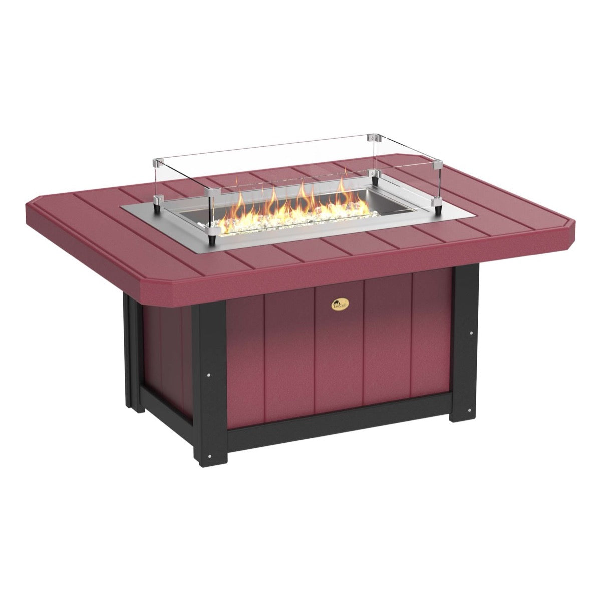 Elegant Cherry Wood and Black LuxCraft Lumin Fire Pit 51" Rectangular on a cozy patio, showcasing its sleek design and inviting flames, perfect for outdoor gatherings and warm nights.