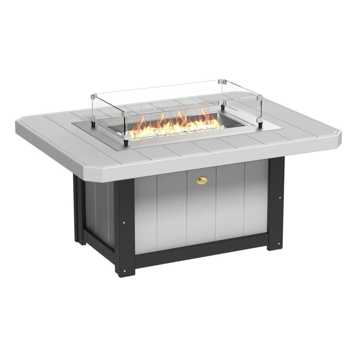 Elegant Dove Gray and Black LuxCraft Lumin Fire Pit 51" Rectangular on a cozy patio, showcasing its sleek design and inviting flames, perfect for outdoor gatherings and warm nights.