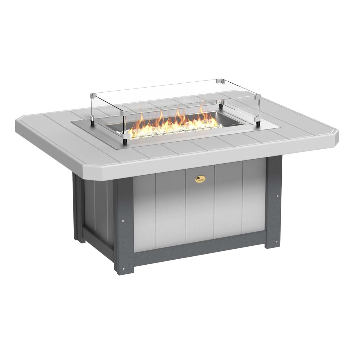 Elegant Dove Gray and Slate LuxCraft Lumin Fire Pit 51" Rectangular on a cozy patio, showcasing its sleek design and inviting flames, perfect for outdoor gatherings and warm nights.