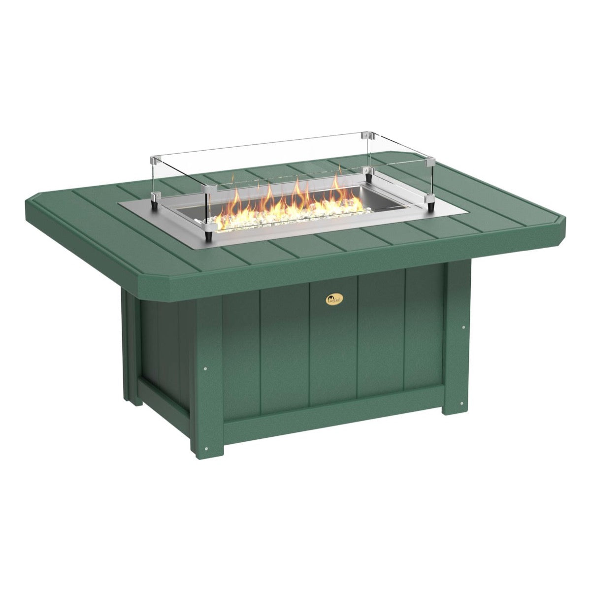 Elegant Green LuxCraft Lumin Fire Pit 51" Rectangular on a cozy patio, showcasing its sleek design and inviting flames, perfect for outdoor gatherings and warm nights.