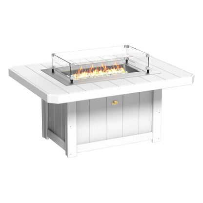 Elegant White LuxCraft Lumin Fire Pit 51" Rectangular on a cozy patio, showcasing its sleek design and inviting flames, perfect for outdoor gatherings and warm nights.