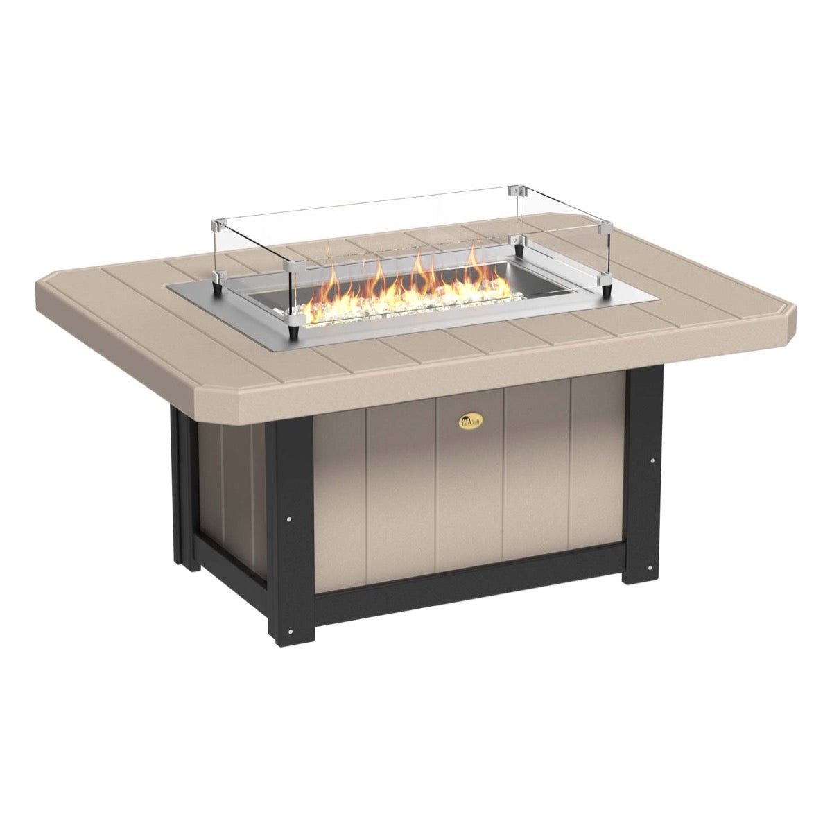 Elegant Weatherwood and Black LuxCraft Lumin Fire Pit 51" Rectangular on a cozy patio, showcasing its sleek design and inviting flames, perfect for outdoor gatherings and warm nights.