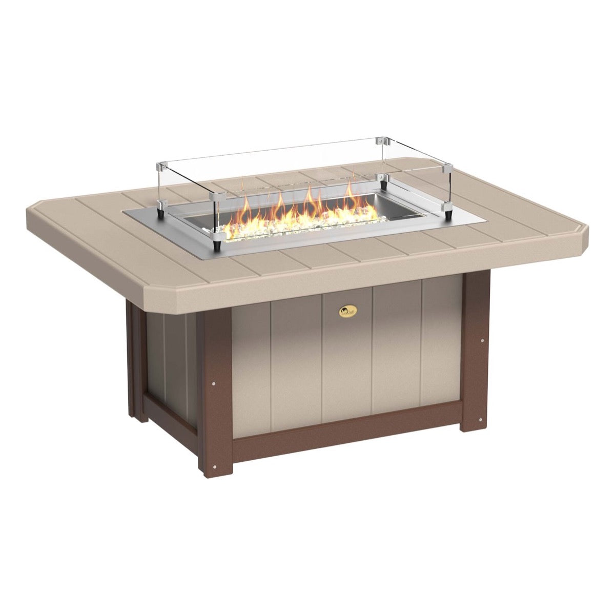 Elegant Weatherwood and Chestnut Brown LuxCraft Lumin Fire Pit 51" Rectangular on a cozy patio, showcasing its sleek design and inviting flames, perfect for outdoor gatherings and warm nights.