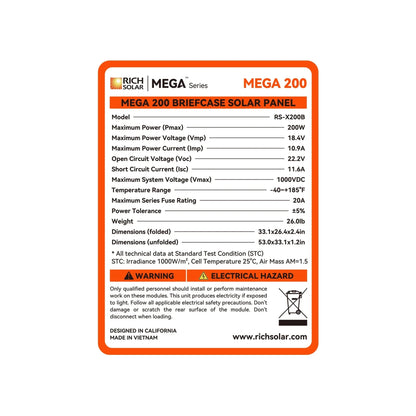 Rich Solar MEGA 200 Watt Portable Solar Panel | Powerful 12V Portable Solar Panel for Generators, Power Stations, Campers