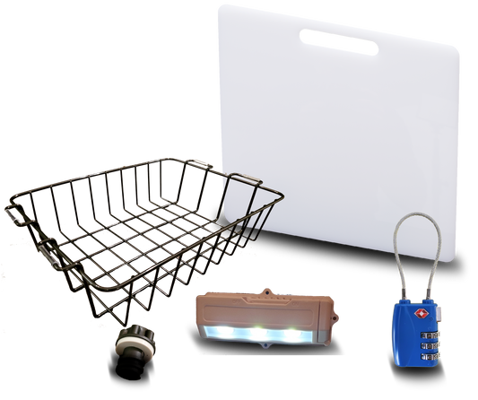 Blue Coolers Accessory Kit - Divider/Cutting Board, Basket, Lock, Light, & Plug for Coolers