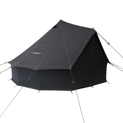 Black tent with visible brand logo on a white background