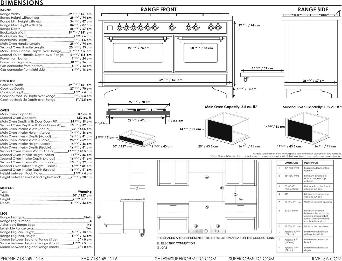 ILVE Majestic II 60 Inch Dual Fuel Liquid Propane Range in Glossy Black with Bronze Trim UM15FDNS3BKBLP